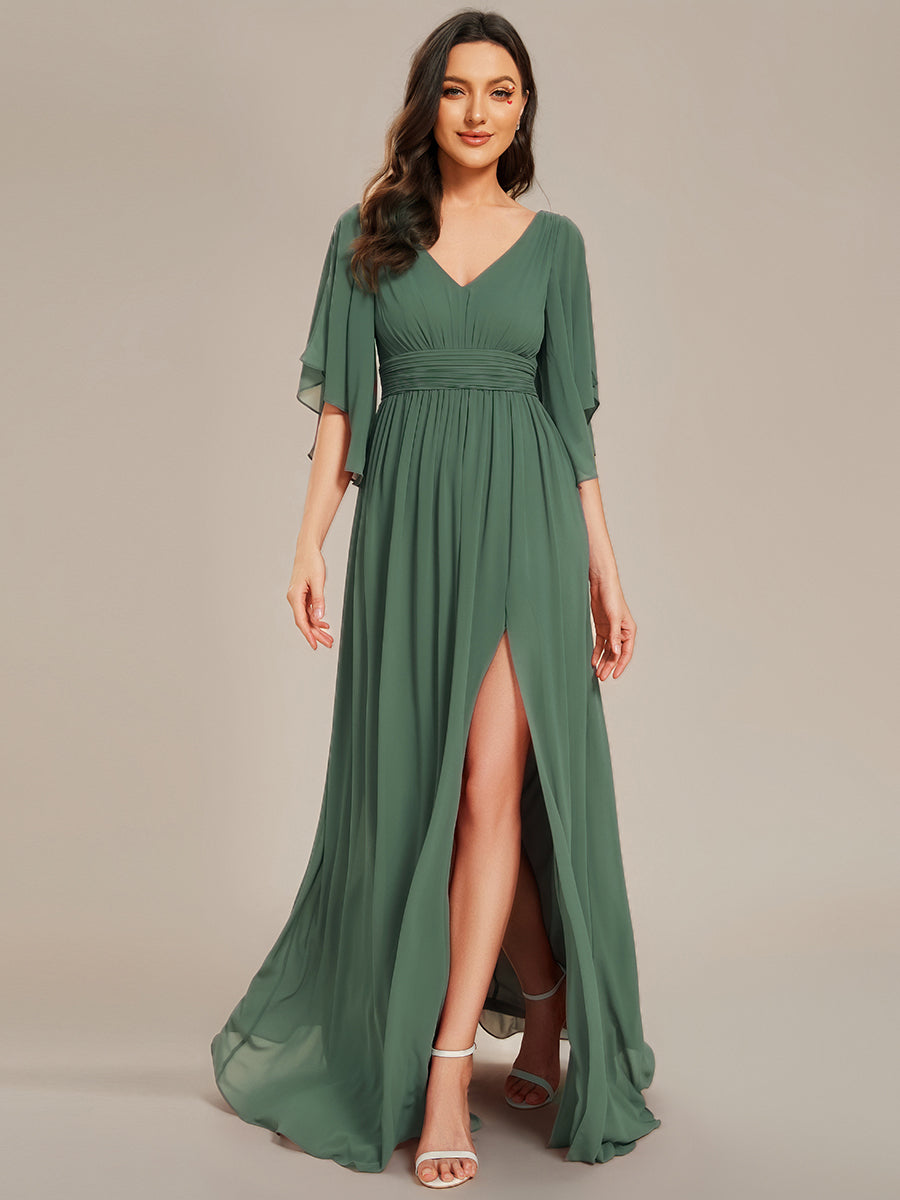 Robe D'invité De Mariage En Mousseline De Soie Mi-Longue Plissée à Manches à Volants Et Col En V #Couleur_Eucalyptus