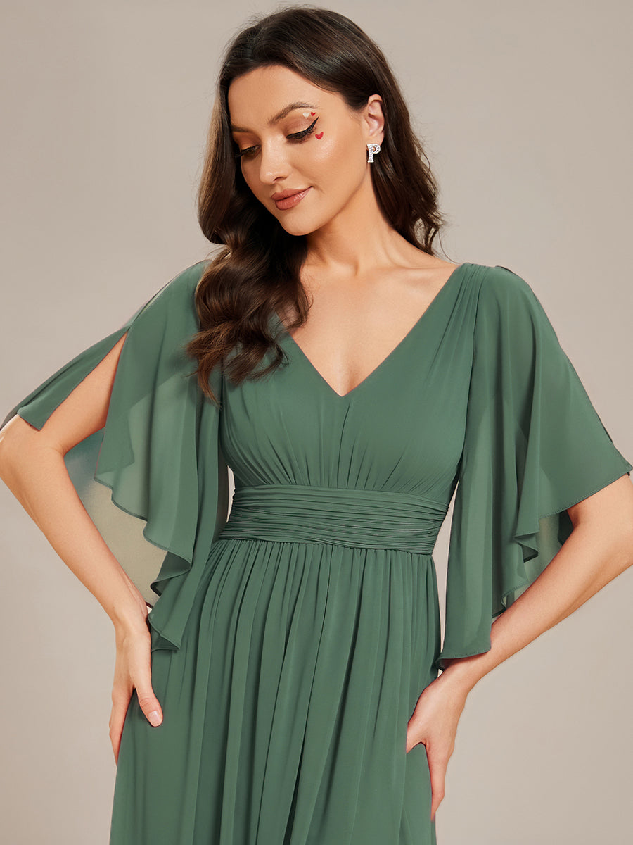 Robe D'invité De Mariage En Mousseline De Soie Mi-Longue Plissée à Manches à Volants Et Col En V #Couleur_Eucalyptus