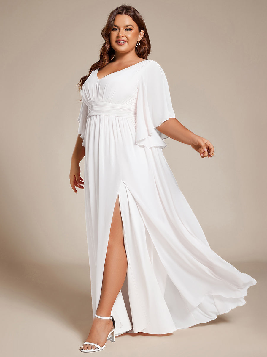 Robe D'invité De Mariage En Mousseline De Soie Mi-Longue Plissée à Manches à Volants Et Col En V  #Couleur_Blanc