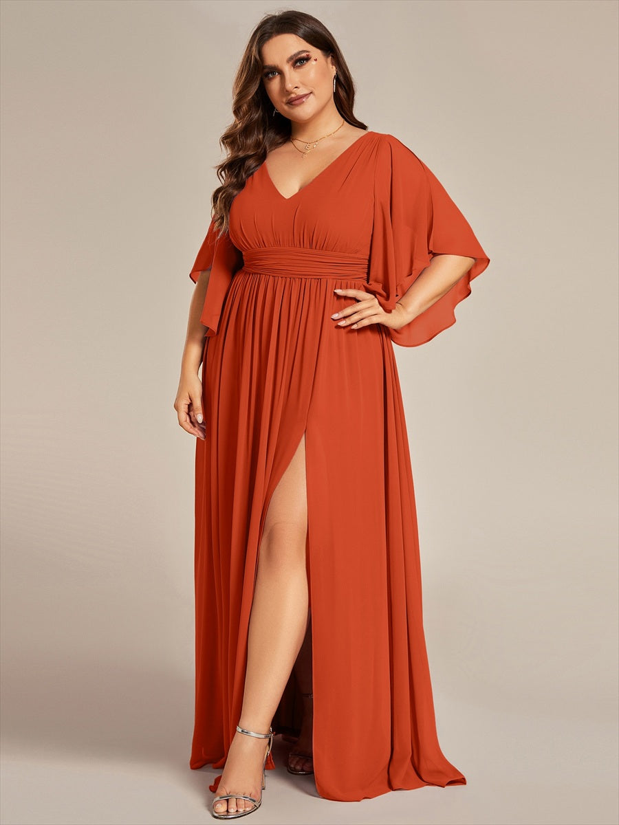 Robe Curvy en mousseline plissée Col V manches mi-longues #Couleur_Burnt Orange