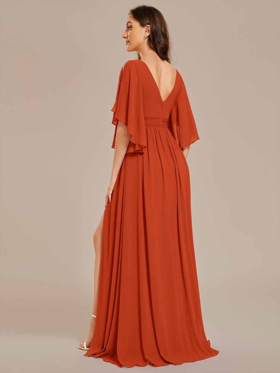 Robe Curvy en mousseline plissée Col V manches mi-longues #Couleur_Burnt Orange