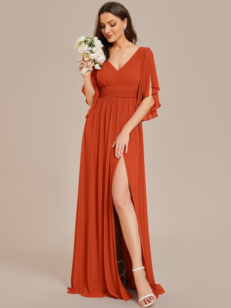 Robe Curvy en mousseline plissée Col V manches mi-longues #Couleur_Burnt Orange