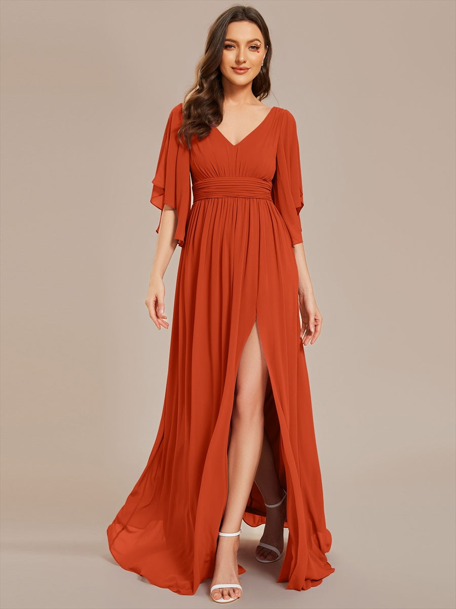 Robe Curvy en mousseline plissée Col V manches mi-longues #Couleur_Burnt Orange