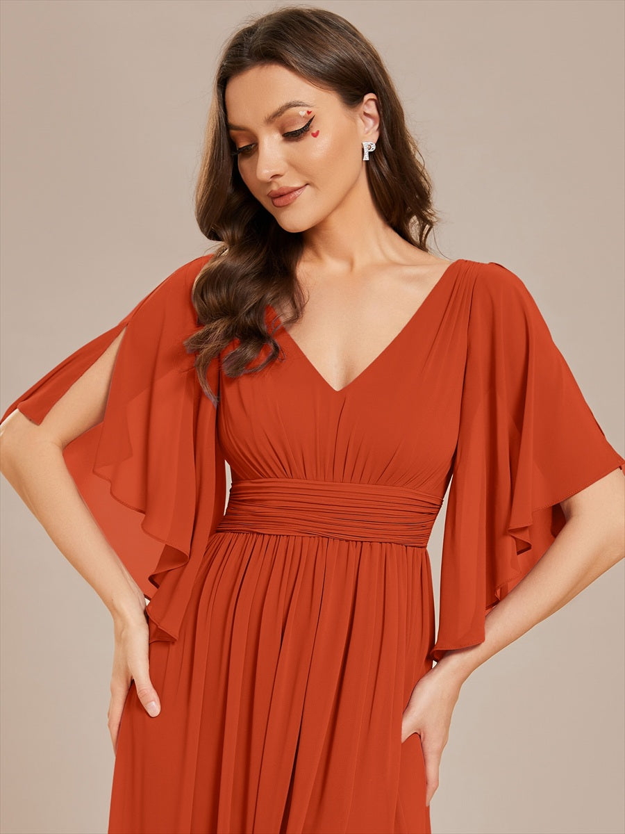 Robe Curvy en mousseline plissée Col V manches mi-longues #Couleur_Burnt Orange