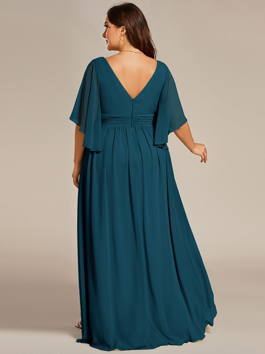 Robe Curvy en mousseline plissée Col V manches mi-longues #Couleur_Bleu Canard