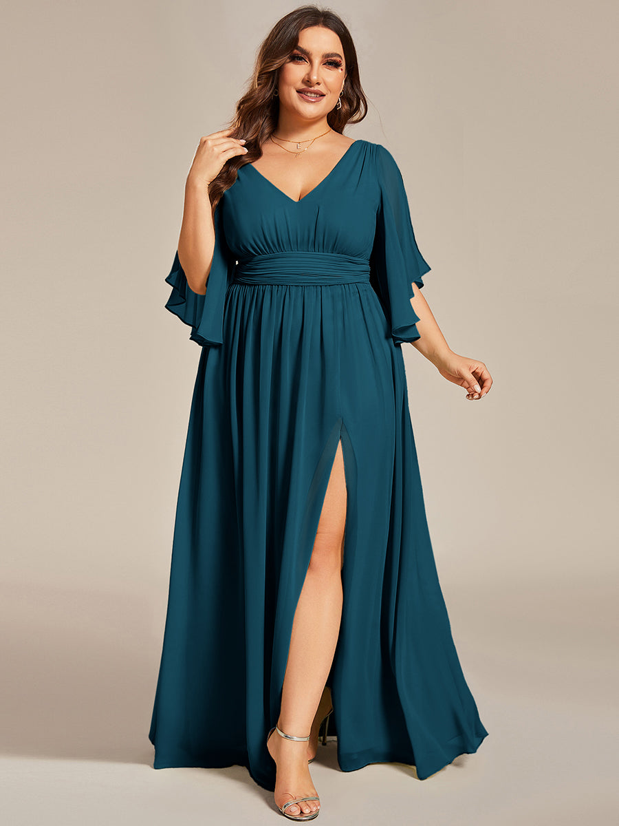 Robe Curvy en mousseline plissée Col V manches mi-longues #Couleur_Bleu Canard