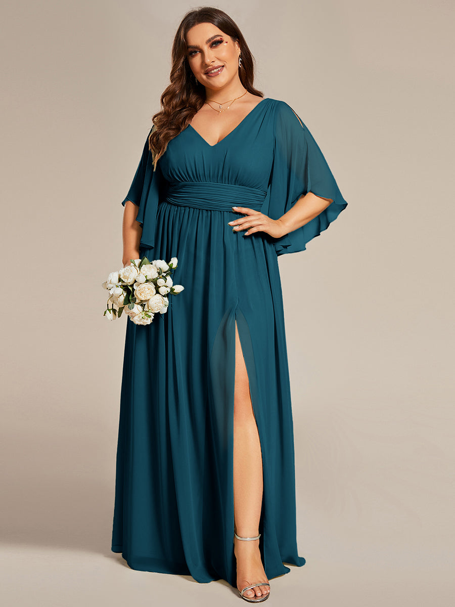 Robe Curvy en mousseline plissée Col V manches mi-longues #Couleur_Bleu Canard