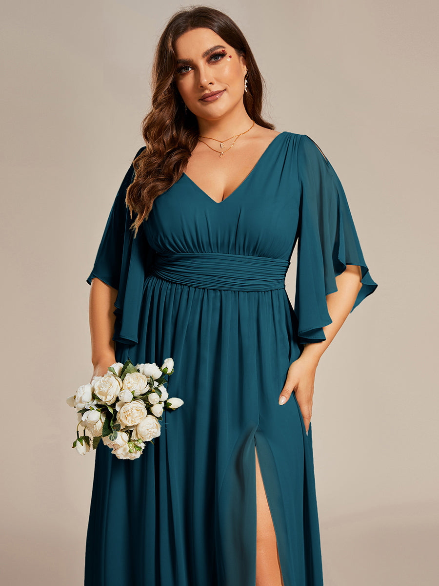 Robe Curvy en mousseline plissée Col V manches mi-longues #Couleur_Bleu Canard