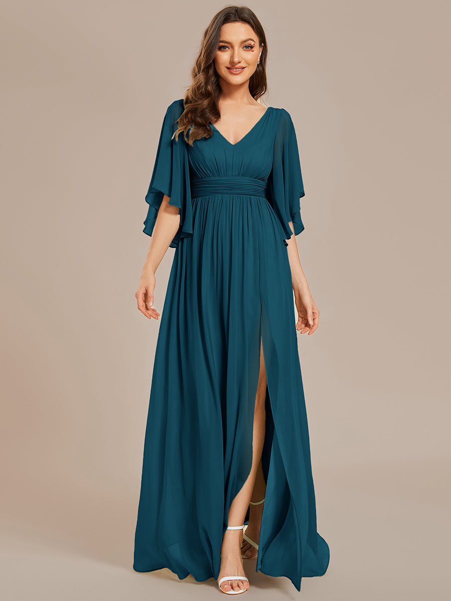 Robe Curvy en mousseline plissée Col V manches mi-longues #Couleur_Bleu Canard