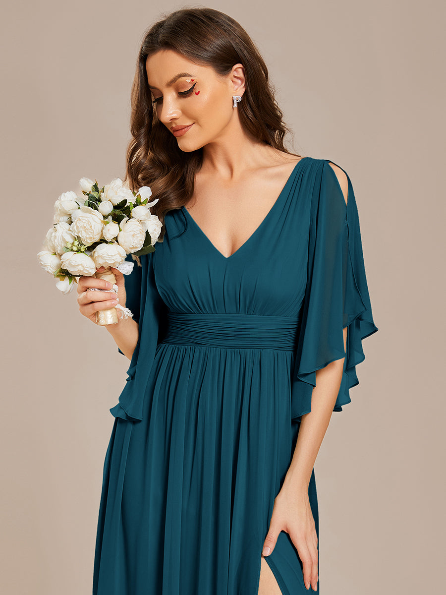 Robe Curvy en mousseline plissée Col V manches mi-longues #Couleur_Bleu Canard