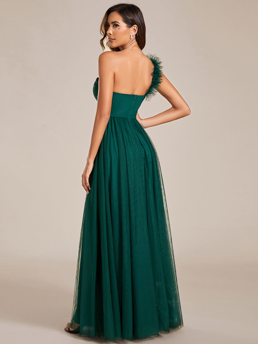 Robe demoiselle d'honneur à une épaule appliquée en tulle avec une fente haute #Couleur_Vert Fonce