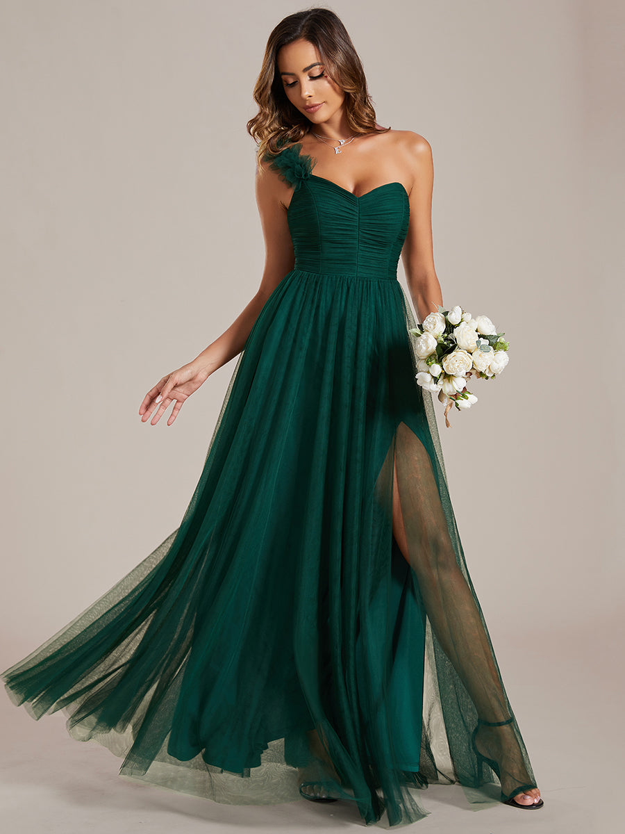 Robe demoiselle d'honneur à une épaule appliquée en tulle avec une fente haute #Couleur_Vert Fonce