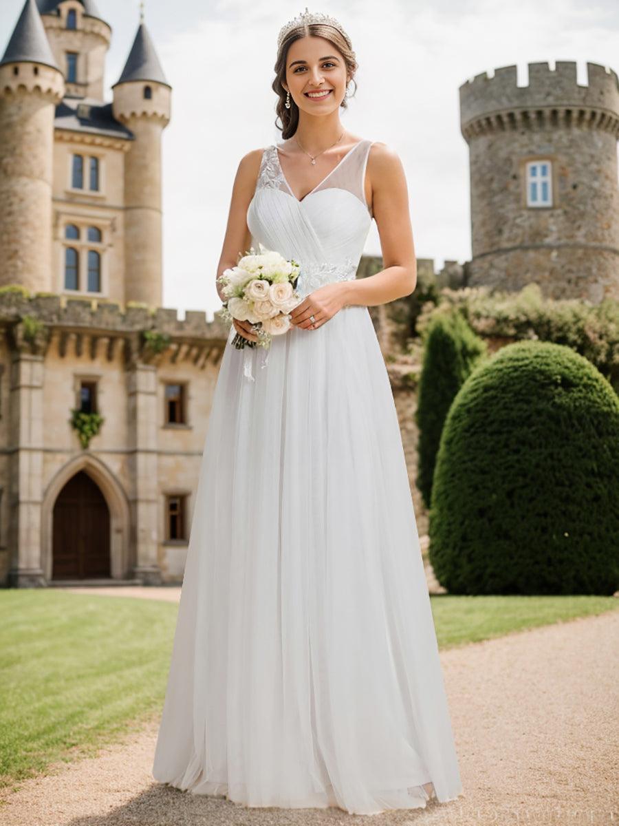 Robe de demoiselle d'honneur longue élégante à col en V et appliques#Couleur_Blanc