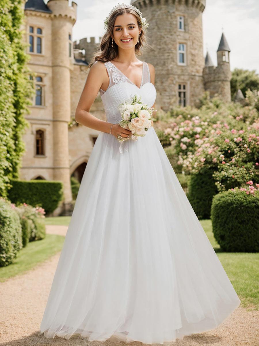 Robe de demoiselle d'honneur longue élégante à col en V et appliques#Couleur_Blanc