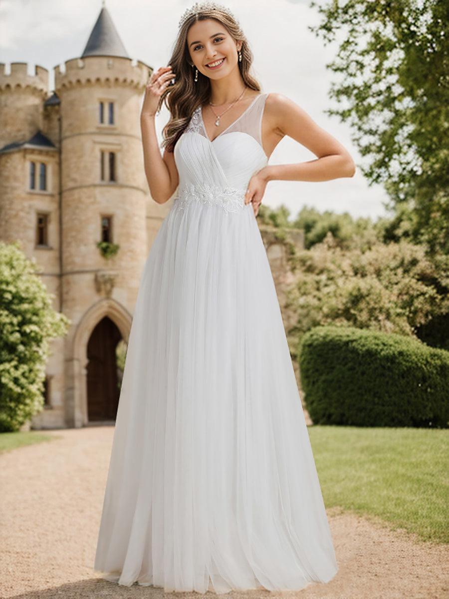 Robe de demoiselle d'honneur longue élégante à col en V et appliques#Couleur_Bleu Fume Robe de demoiselle d'honneur longue élégante à col en V et appliques