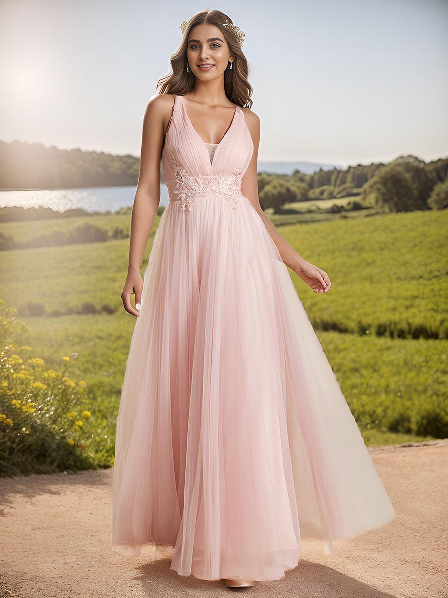 Robe de demoiselle d'honneur trapèze élégante sans manches à col en V#Couleur_Blanc Robe de demoiselle d'honneur trapèze élégante sans manches à col en V