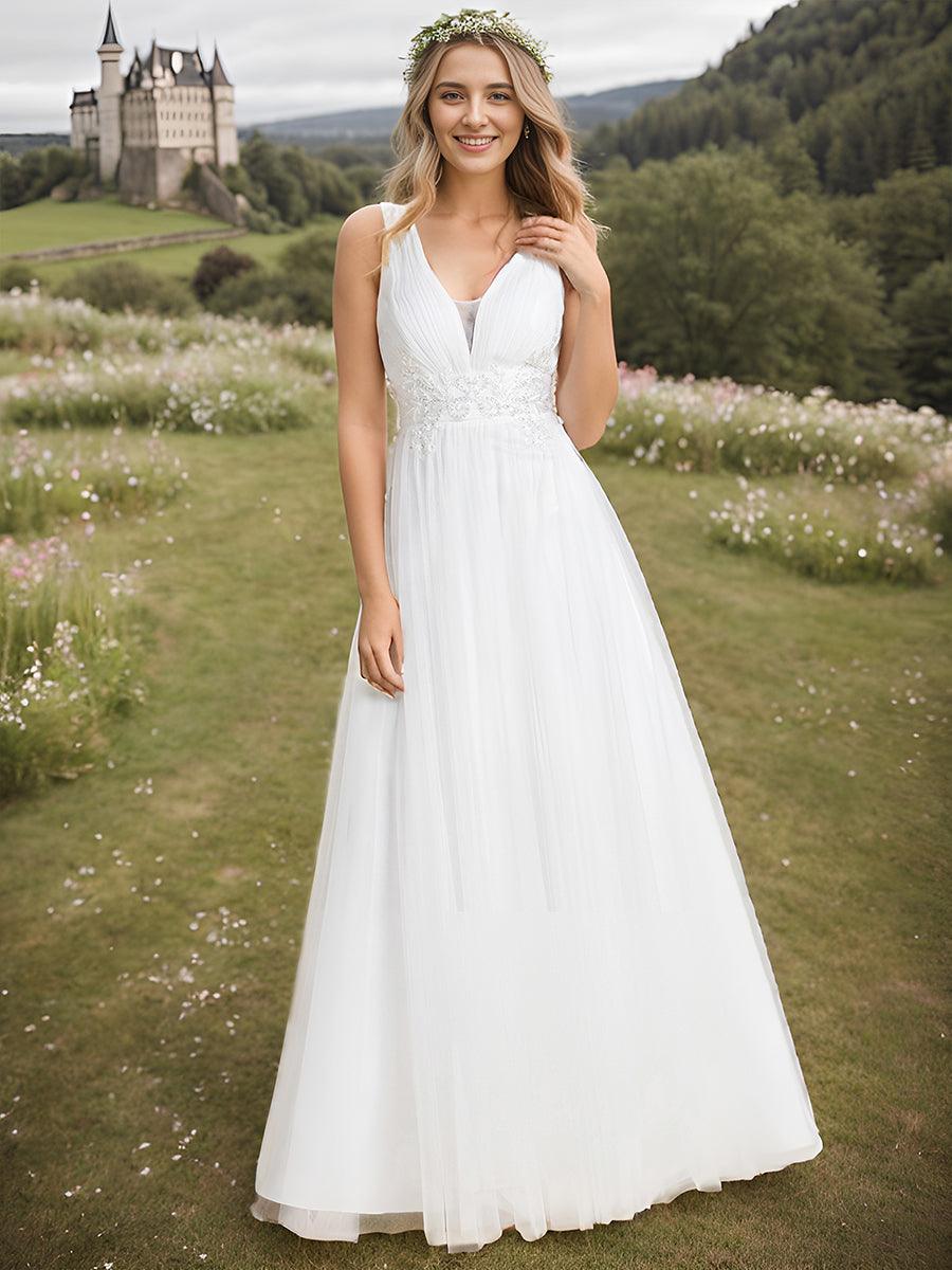 Robe de demoiselle d'honneur trapèze élégante sans manches à col en V#Couleur_Blanc Robe de demoiselle d'honneur trapèze élégante sans manches à col en V