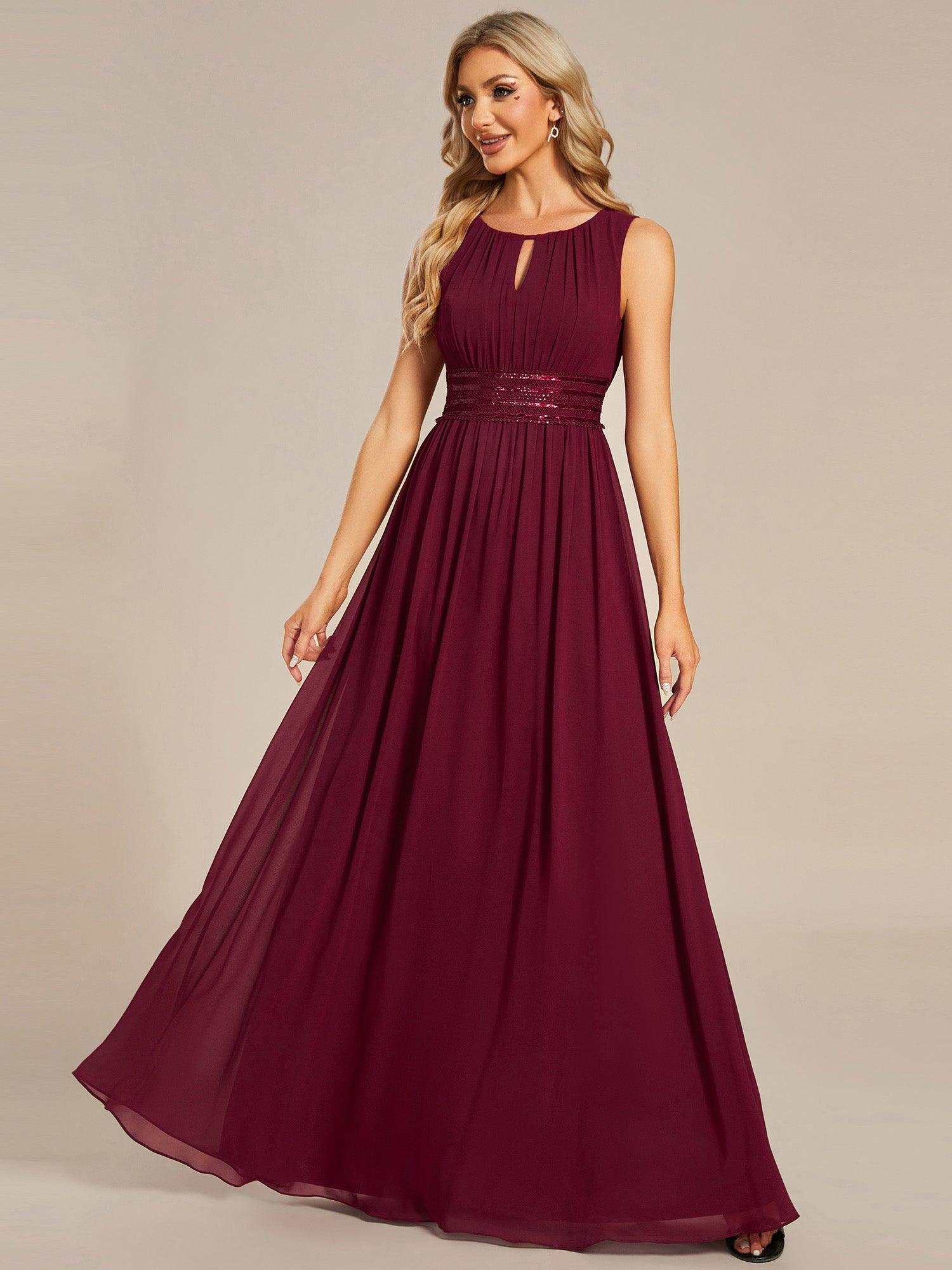 Robe De Demoiselle D'honneur Trapèze Simple Sans Manches En Mousseline Avec Détails Ajourés #Couleur_Bordeaux
