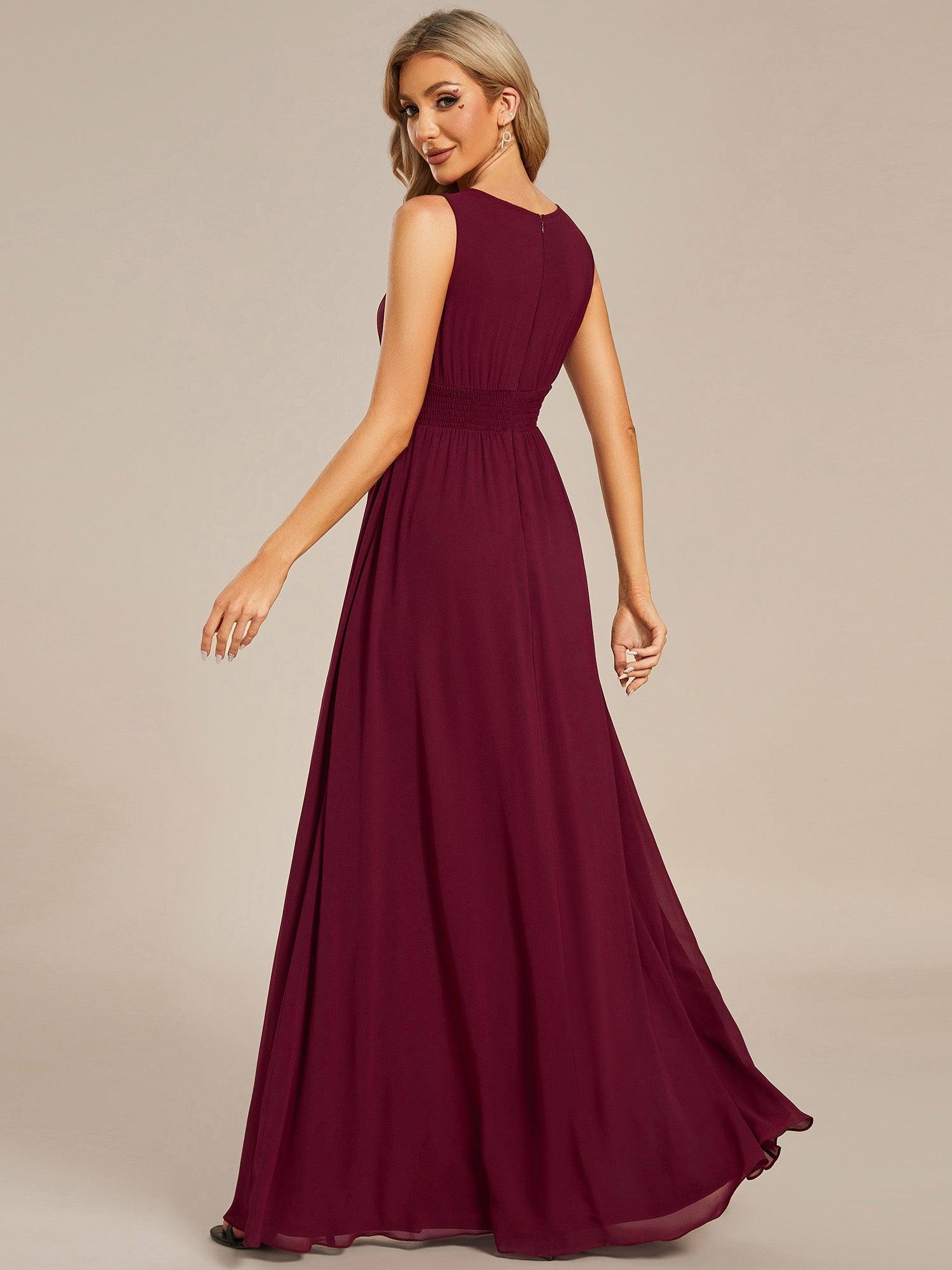 Robe De Demoiselle D'honneur Trapèze Simple Sans Manches En Mousseline Avec Détails Ajourés #Couleur_Bordeaux
