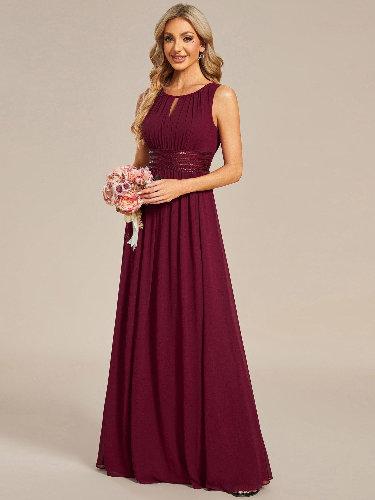 Robe De Demoiselle D'honneur Trapèze Simple Sans Manches En Mousseline Avec Détails Ajourés #Couleur_Bordeaux