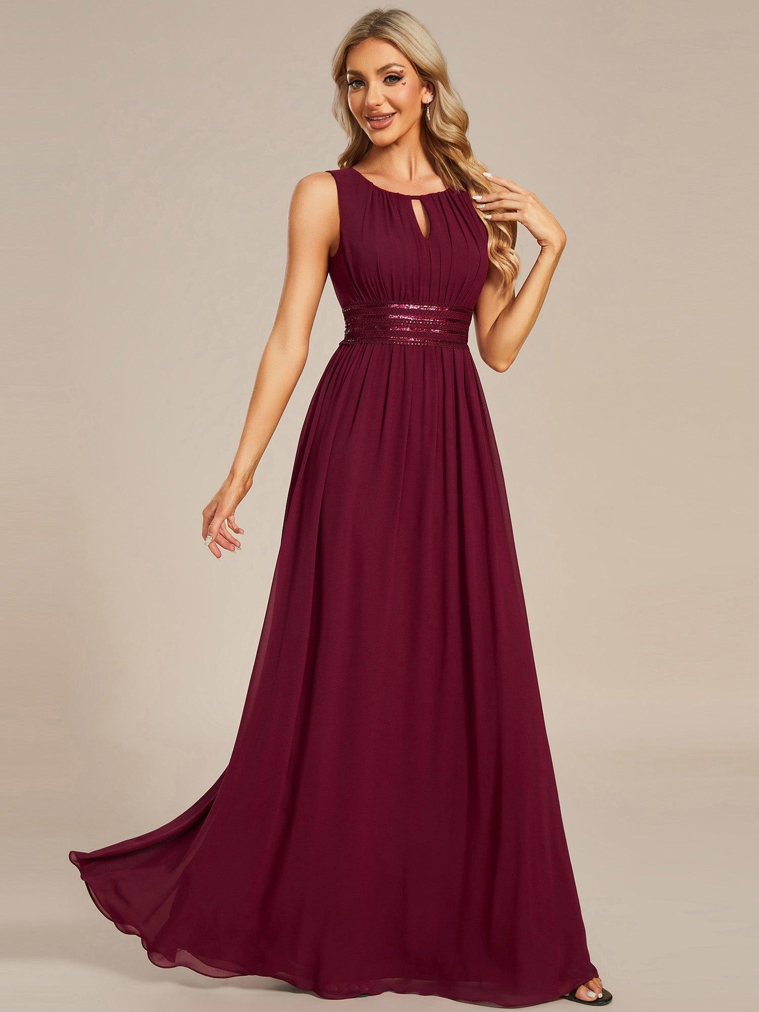 Robe De Demoiselle D'honneur Trapèze Simple Sans Manches En Mousseline Avec Détails Ajourés #Couleur_Bordeaux