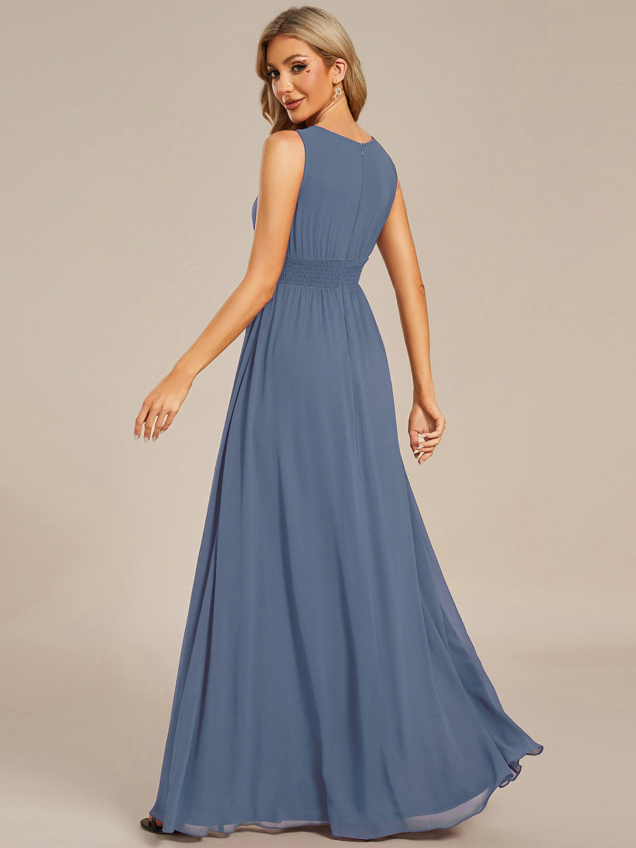 Robe De Demoiselle D'honneur Trapèze Simple Sans Manches En Mousseline Avec Détails Ajourés #Couleur_Marine Fume