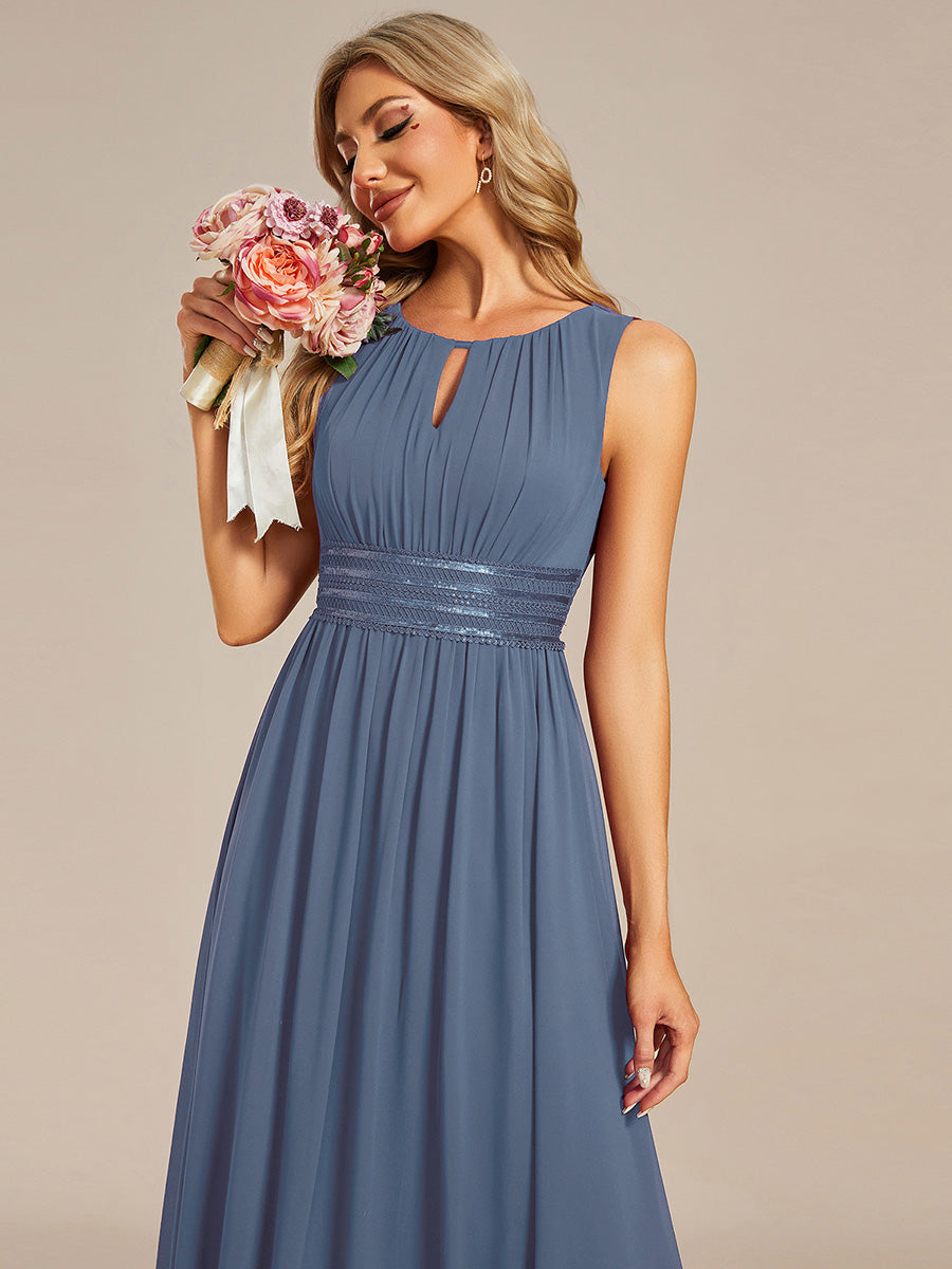 Robe De Demoiselle D'honneur Trapèze Simple Sans Manches En Mousseline Avec Détails Ajourés #Couleur_Marine Fume