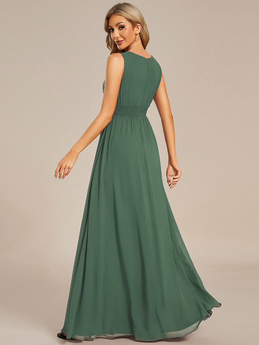 Robe D'invité De Mariage En Mousseline De Soie Mi-Longue Plissée à Manches à Volants Et Col En V #Couleur_Eucalyptus