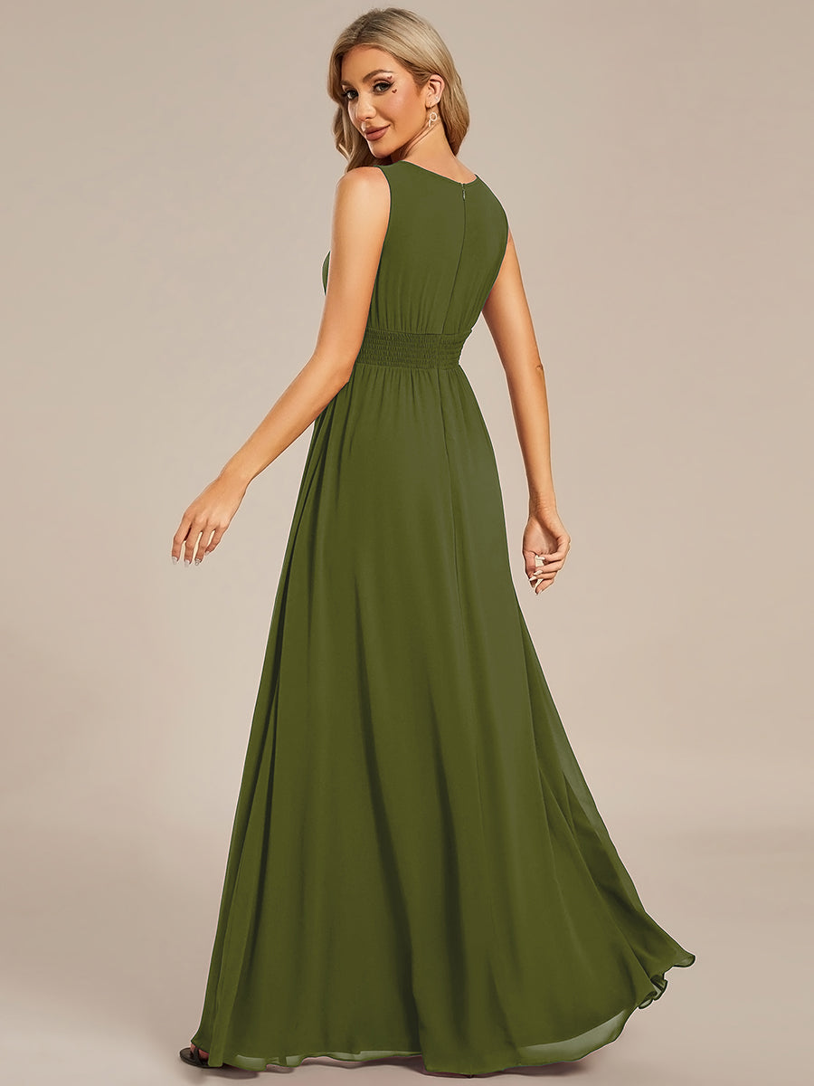 Robe De Demoiselle D'honneur Trapèze Simple Sans Manches En Mousseline Avec Détails Ajourés #Couleur_Vert Olive