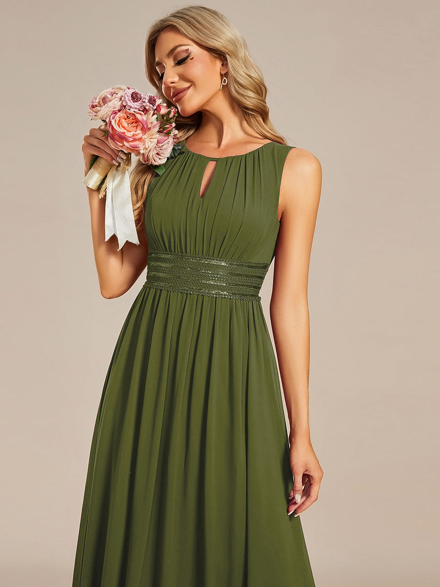 Robe De Demoiselle D'honneur Trapèze Simple Sans Manches En Mousseline Avec Détails Ajourés #Couleur_Vert Olive