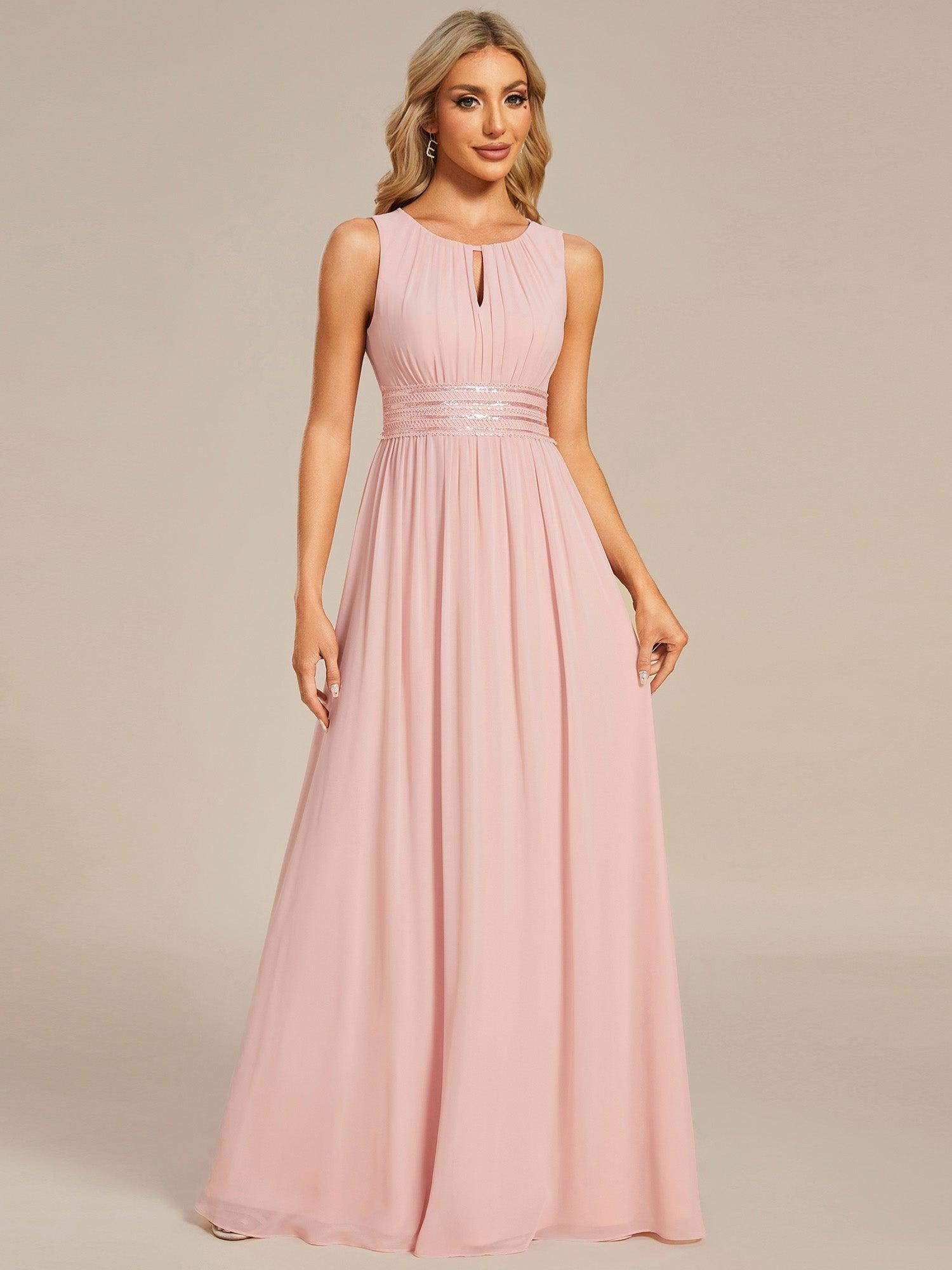 Robe De Demoiselle D'honneur Trapèze Simple Sans Manches En Mousseline Avec Détails Ajourés #Couleur_Rose