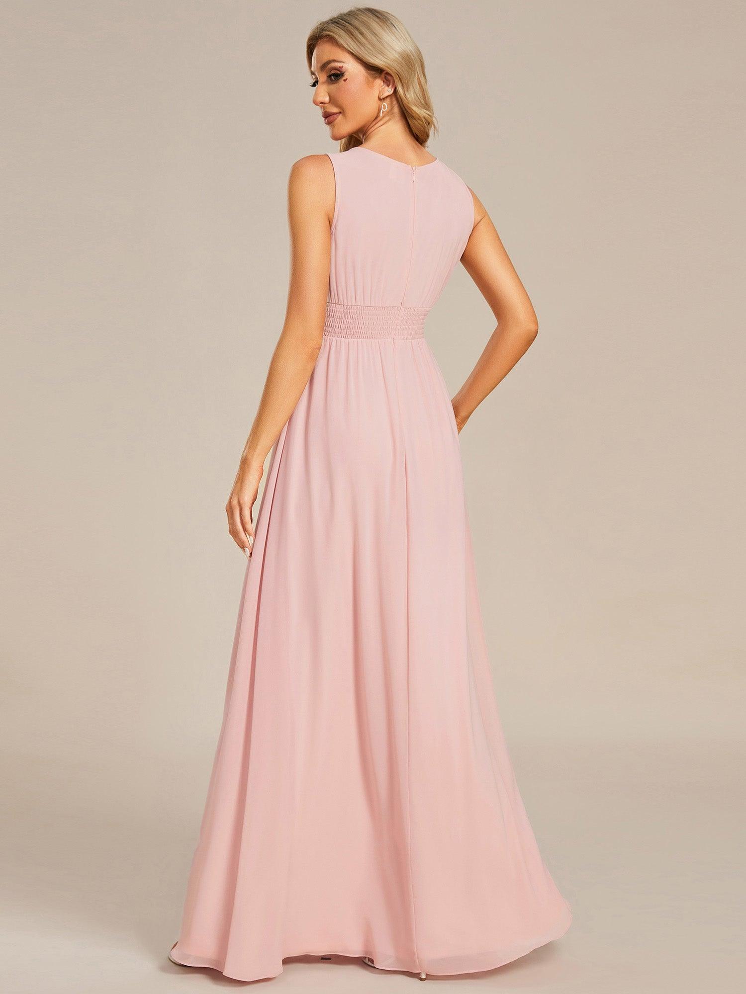 Robe De Demoiselle D'honneur Trapèze Simple Sans Manches En Mousseline Avec Détails Ajourés #Couleur_Rose