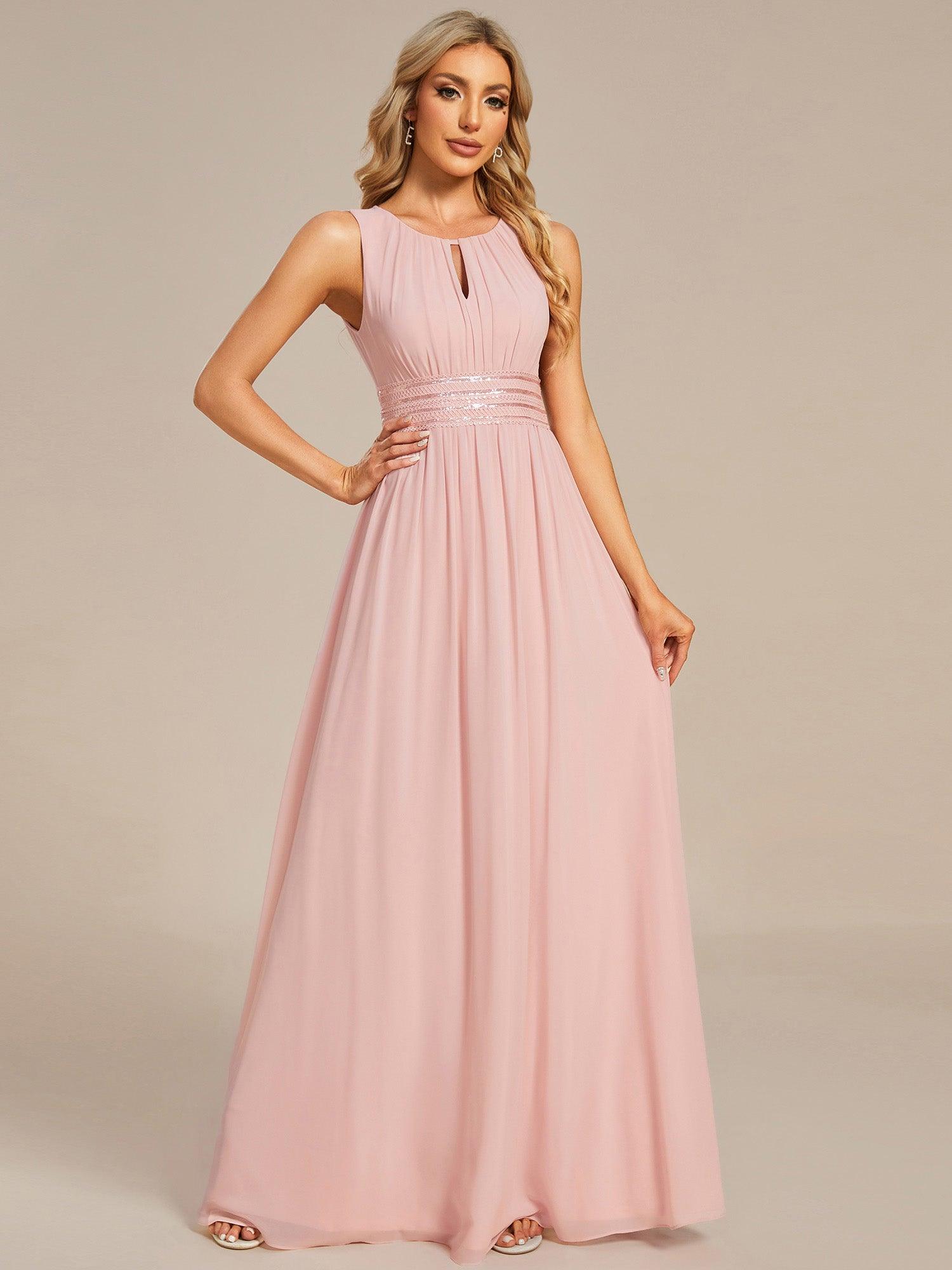 Robe De Demoiselle D'honneur Trapèze Simple Sans Manches En Mousseline Avec Détails Ajourés #Couleur_Rose