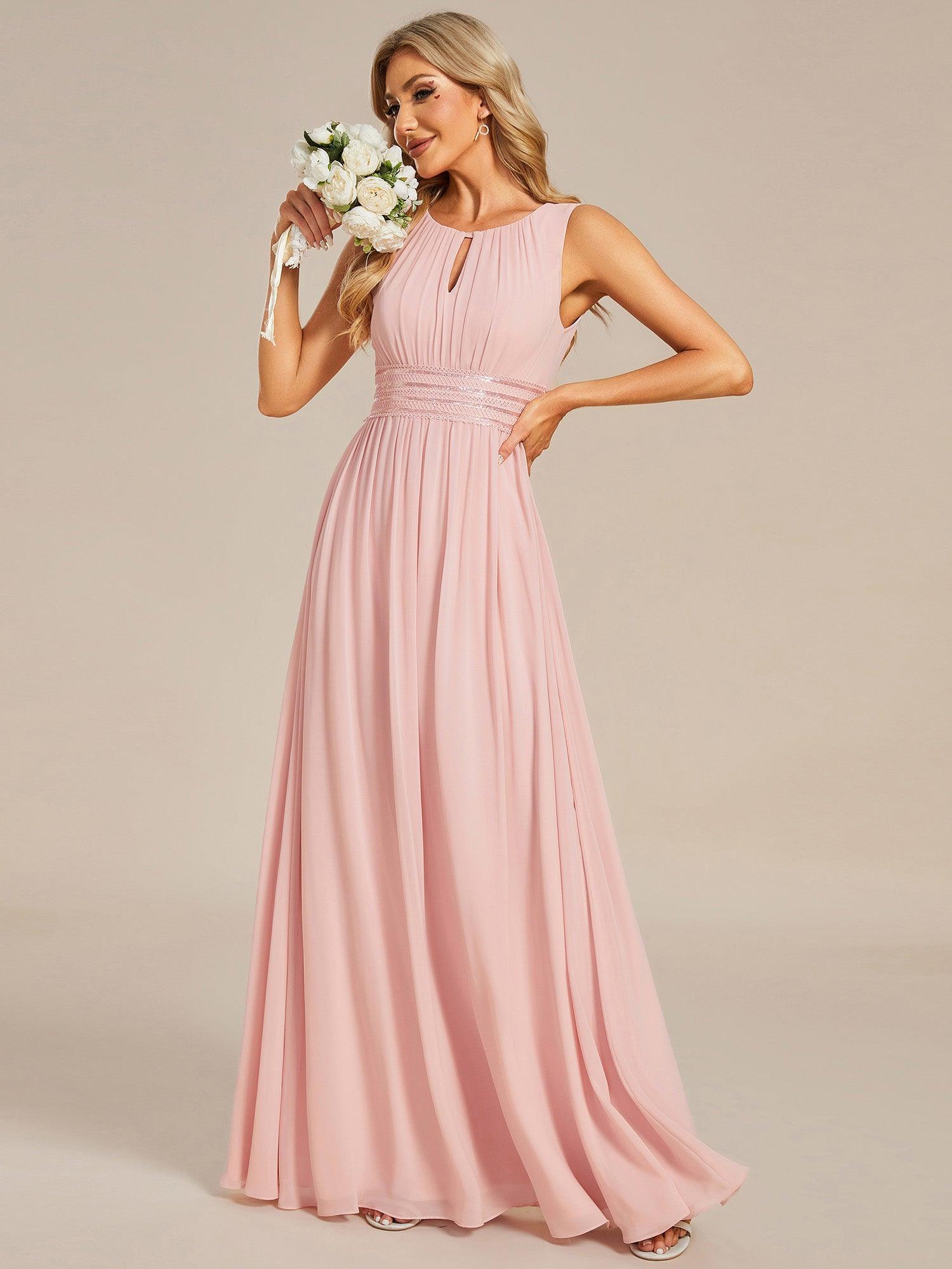 Robe De Demoiselle D'honneur Trapèze Simple Sans Manches En Mousseline Avec Détails Ajourés #Couleur_Rose