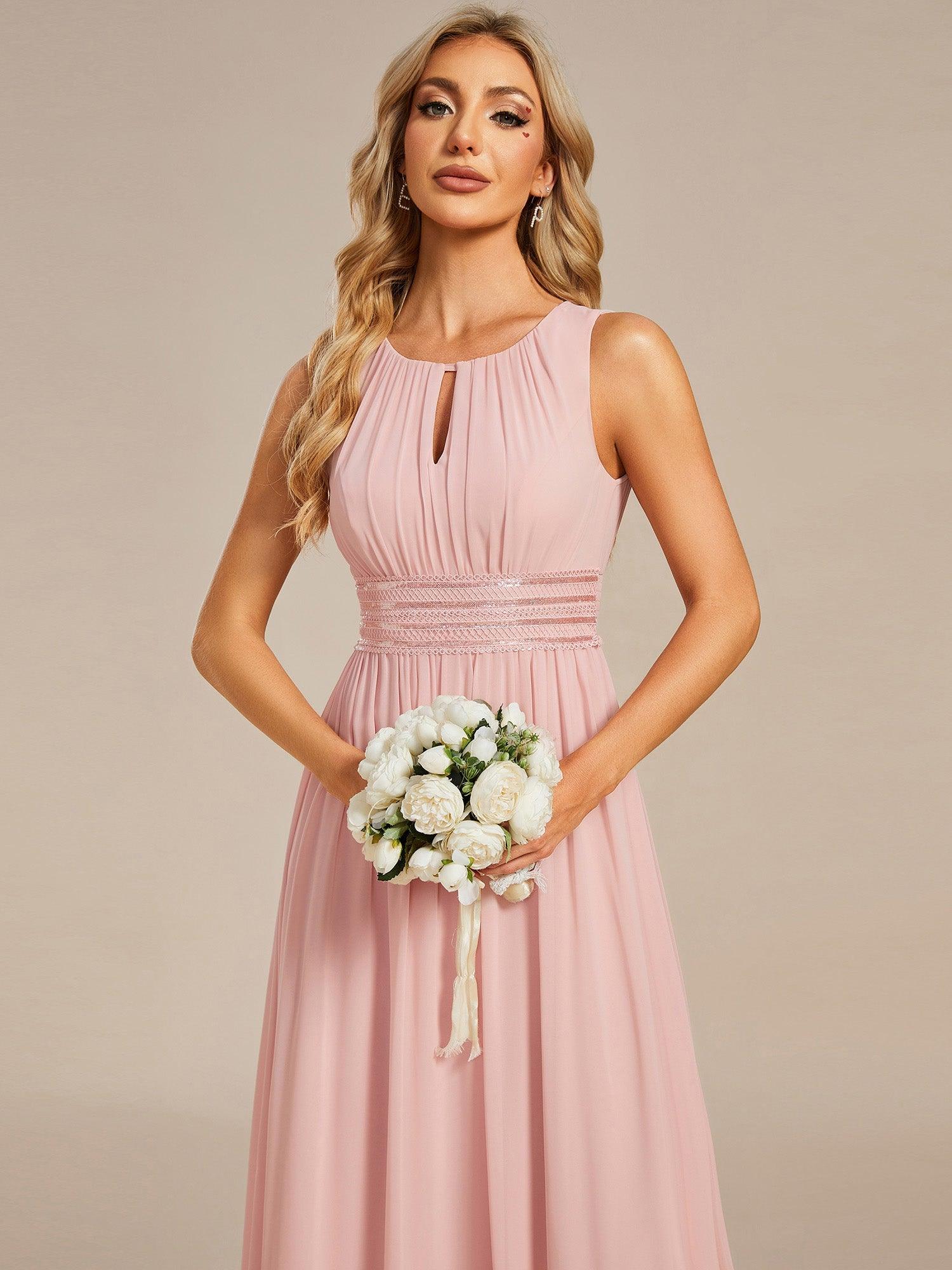 Robe De Demoiselle D'honneur Trapèze Simple Sans Manches En Mousseline Avec Détails Ajourés #Couleur_Rose