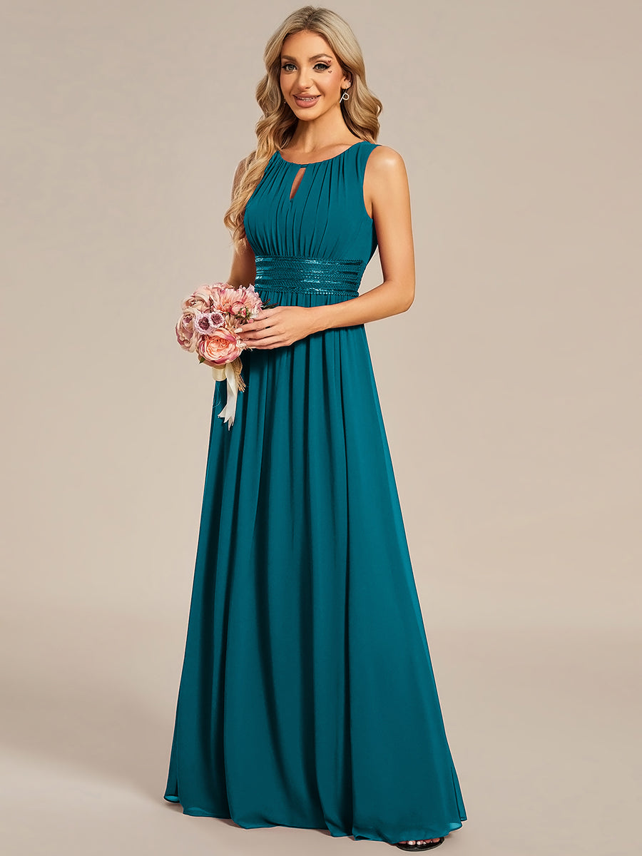 Robe De Demoiselle D'honneur Trapèze Simple Sans Manches En Mousseline Avec Détails Ajourés #Couleur_Bleu Canard