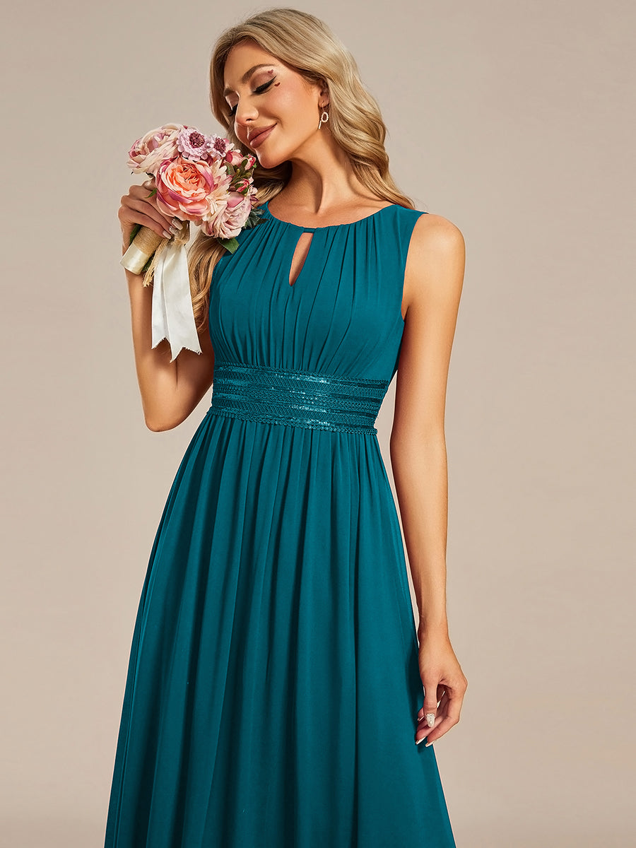 Robe De Demoiselle D'honneur Trapèze Simple Sans Manches En Mousseline Avec Détails Ajourés #Couleur_Bleu Canard