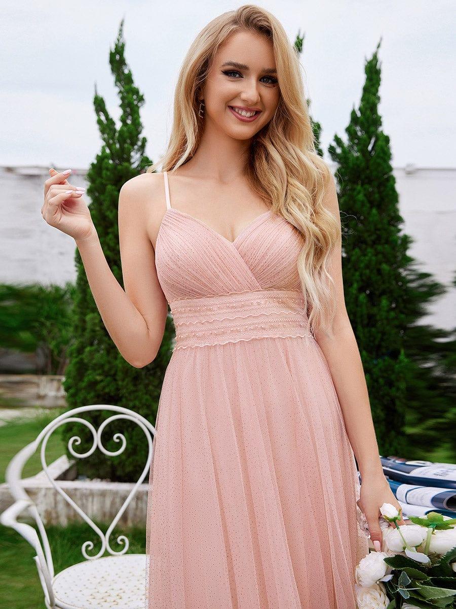 Robe de demoiselle d'honneur sans manches avec fente haute et taille perlée en dentelle avec plissée #Couleur_Rose