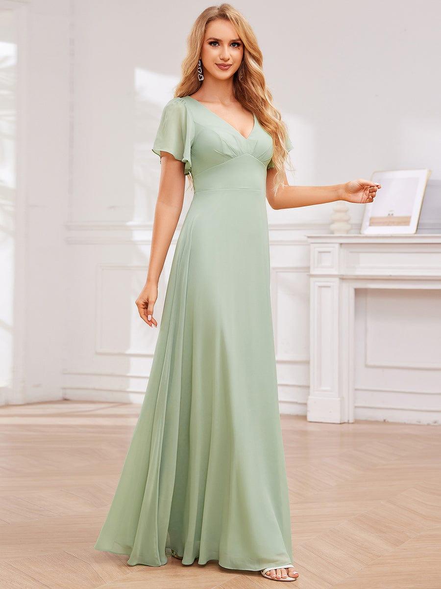 Robe de demoiselle d'honneur plissée trapèze en mousseline de soie avec liens croisés dans le dos et col en V #Couleur_Menthe Verte