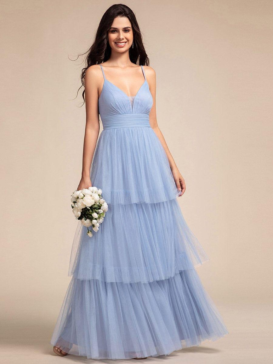 Robe longue de demoiselle d'honneur à bretelles spaghetti à plusieurs niveaux #Couleur_Bleu Clair