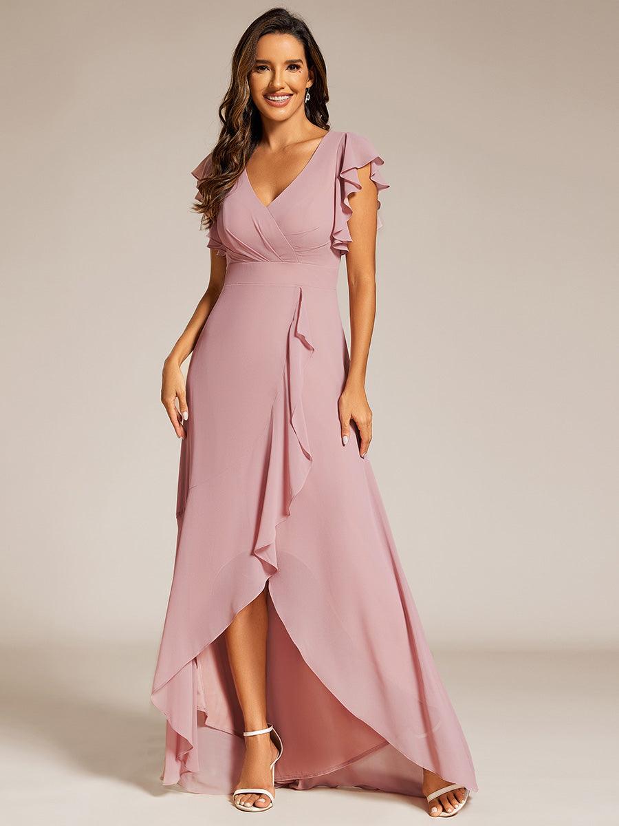 Robe de demoiselle d'honneur élégante en mousseline à volants avec dos nu #Couleur_Rose fumee
