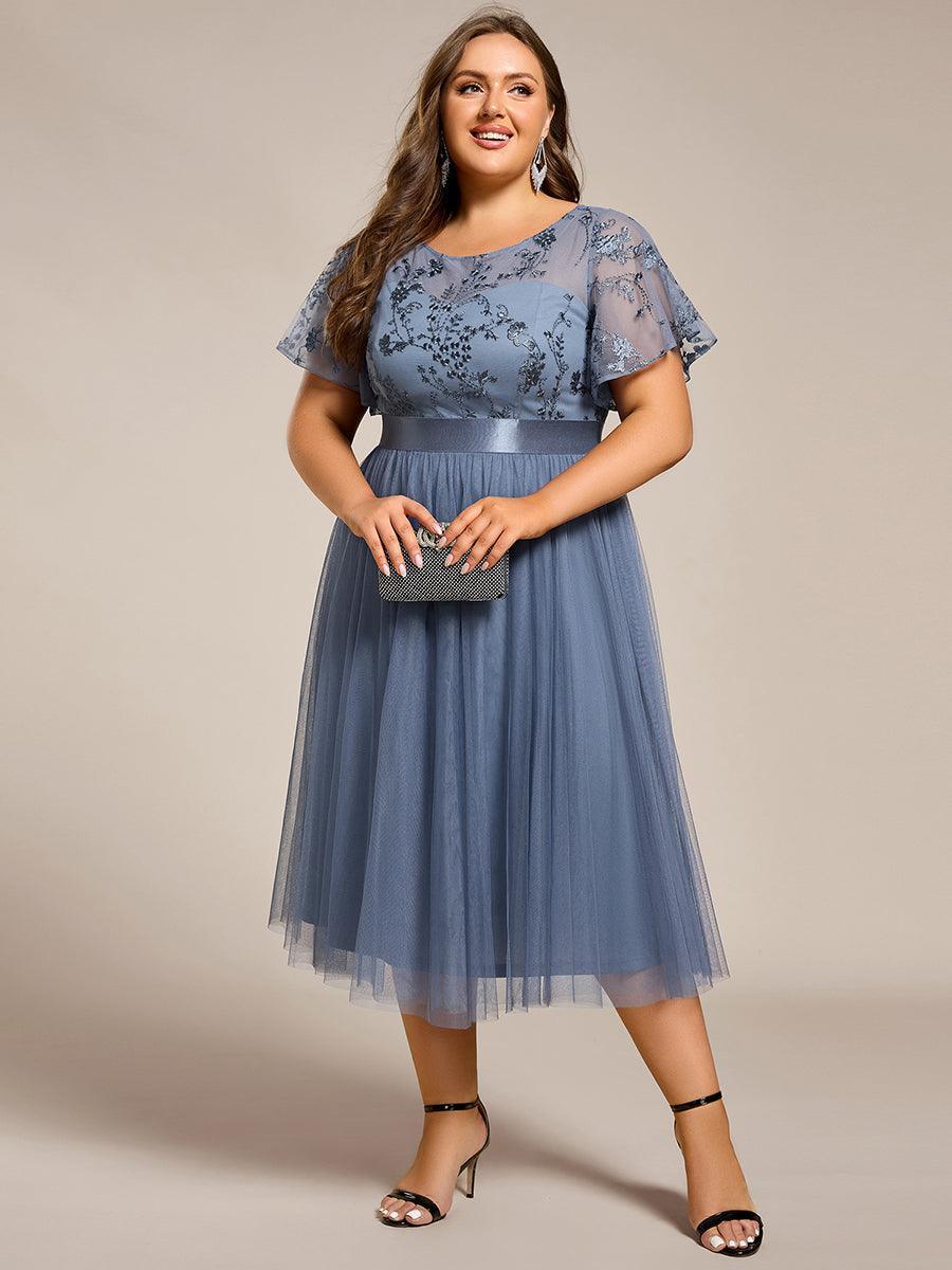 Robe d'invité mi-longue en résille à manches courtes #Couleur_ #Couleur_Marine Fume