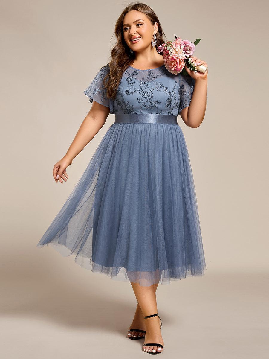 Robe d'invité mi-longue en résille à manches courtes #Couleur_ #Couleur_Marine Fume