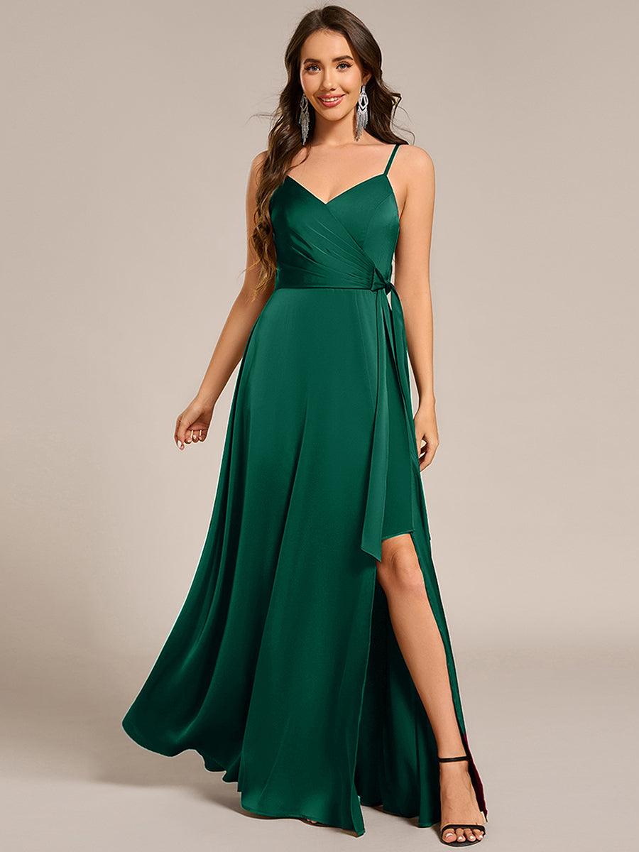 Robe de demoiselle d'honneur fendue en satin à bretelles #Couleur_Vert Fonce