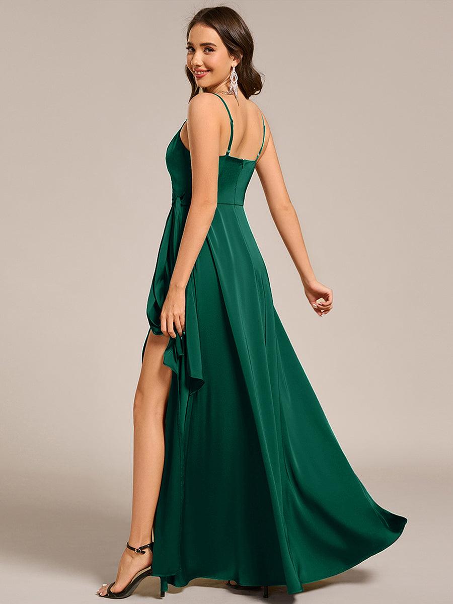 Robe de demoiselle d'honneur fendue en satin à bretelles #Couleur_Vert Fonce