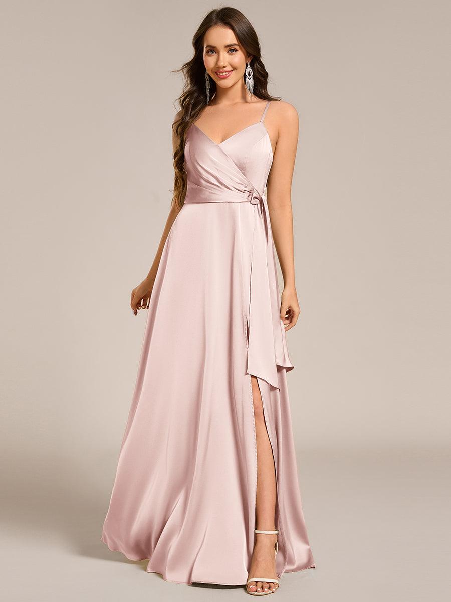 Robe de demoiselle d'honneur fendue en satin à bretelles #Couleur_Rose