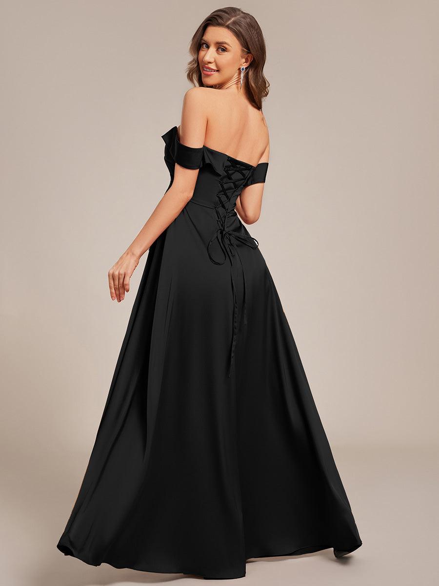 Robe de demoiselle d'honneur en satin à épaules dénudées et à lacets dans le dos #Couleur_Noir