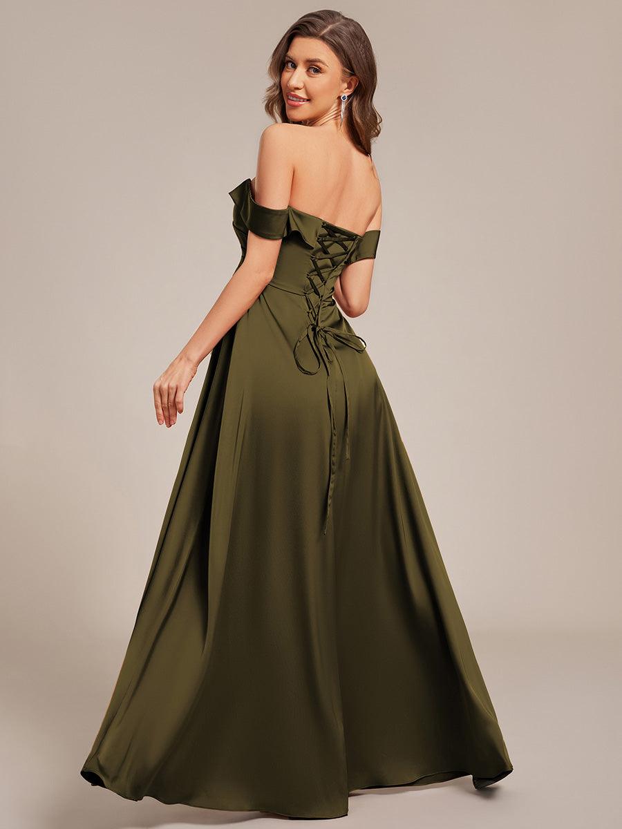 Robe de demoiselle d'honneur en satin à épaules dénudées et à lacets dans le dos #Couleur_Vert Olive