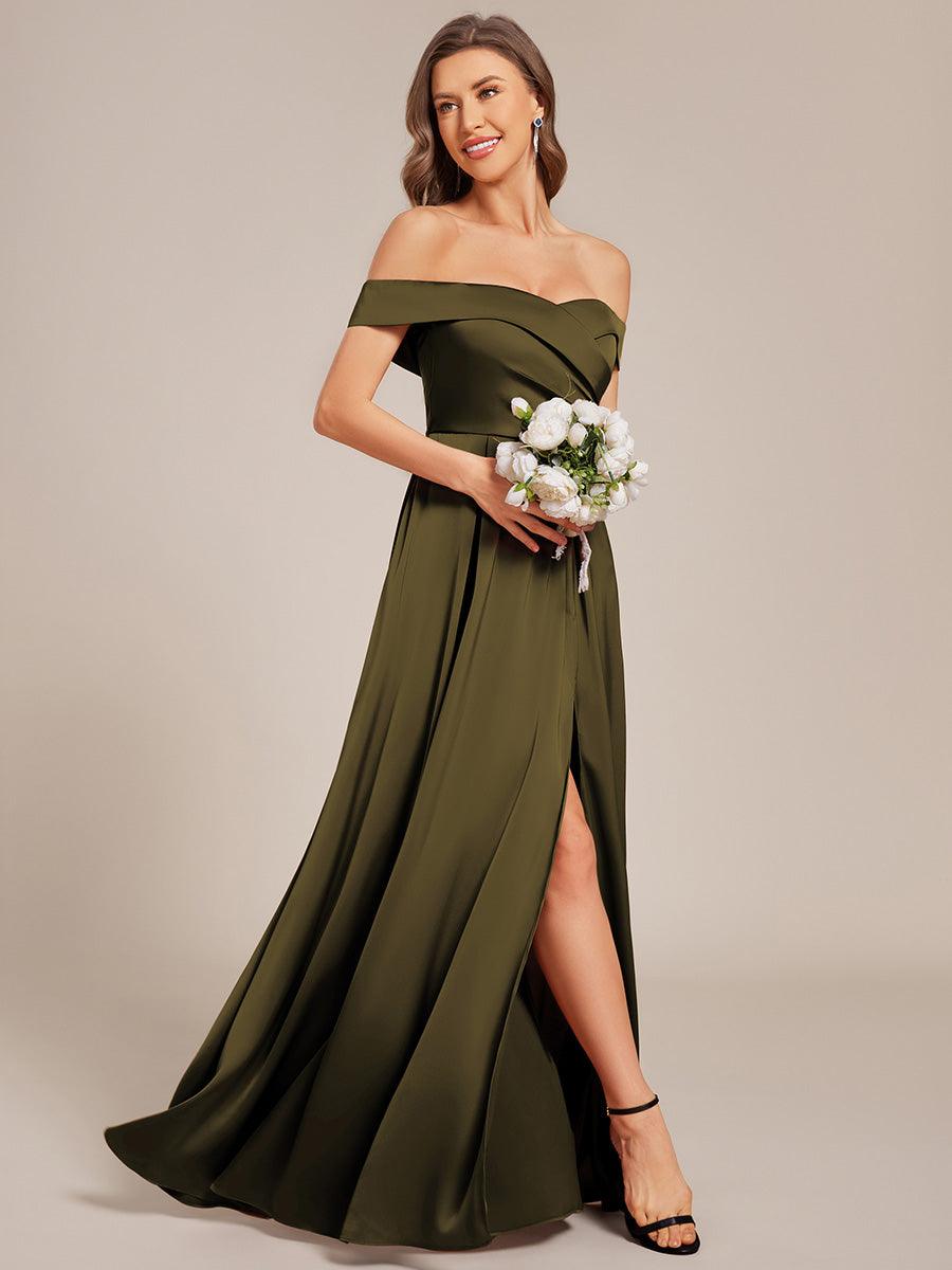 Robe de demoiselle d'honneur en satin à épaules dénudées et à lacets dans le dos #Couleur_Vert Olive