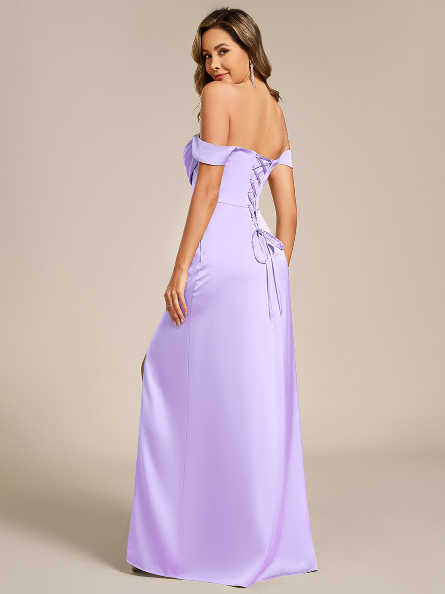 Robes de demoiselle d'honneur en satin à épaules dénudées et manches courtes #Couleur_Lilas Givré